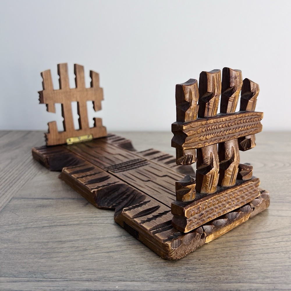 Vintage Hand Carved Expandable Wooden Book Rack Folding Adjustable Bookends Folk